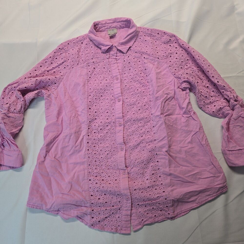 Chico's Eyelet Embroidery Button-Up Shirt Womens Crochet Top 2 Lavender Lined